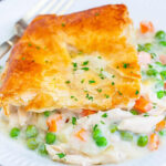 Puff Pastry Chicken Pot Pie on white plate.