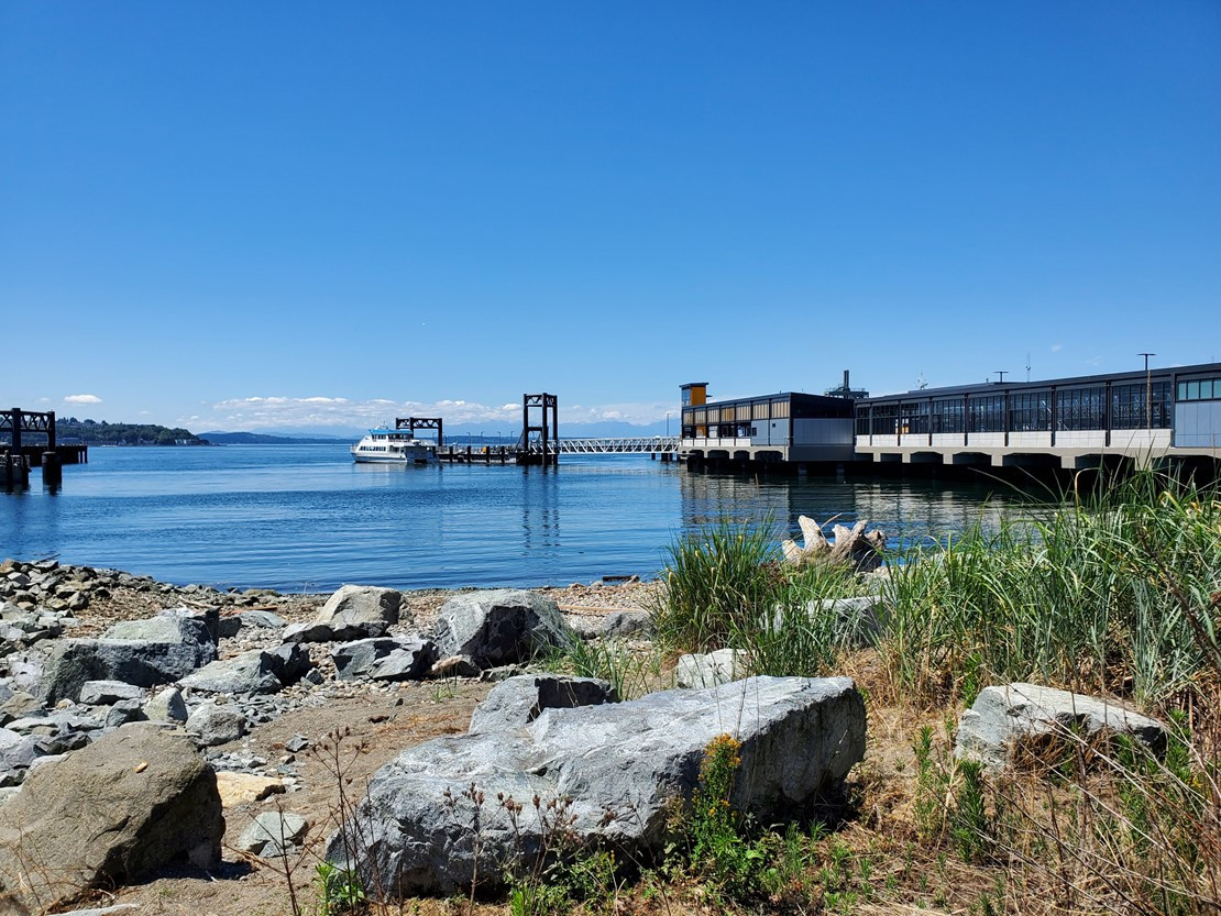 Habitat Beach view looking west towards Seattle Water Taxi Dock and West Seattle from Pioneer Square South waterfront.