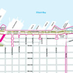 Illustrative site plan of Waterfront Seattle improvements in Pioneer Square South, highlighting South King Street, South Main Street, South Washington Street, Yesler Way, Washington Street Boat Landing Pergola and Habitat Beach.