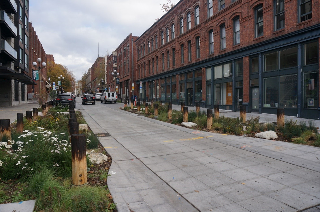 Image showcasing the improved S Main St at Occidental Park in Pioneer Square South after pedestrian improvements project.