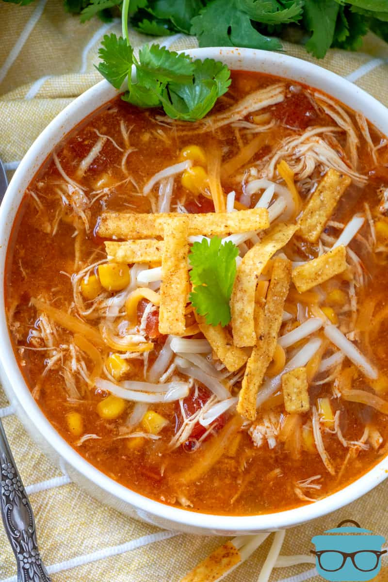 Overhead shot of a small white bowl of Crock Pot Chicken Tortilla Soup, topped with shredded cheese and tortilla strips, showcasing the final delicious and garnished soup