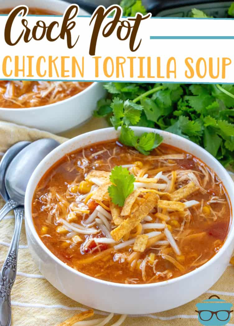 Close-up of a white bowl filled with The Best Crock Pot Chicken Tortilla Soup, garnished with fresh parsley, highlighting the soup's appetizing appearance