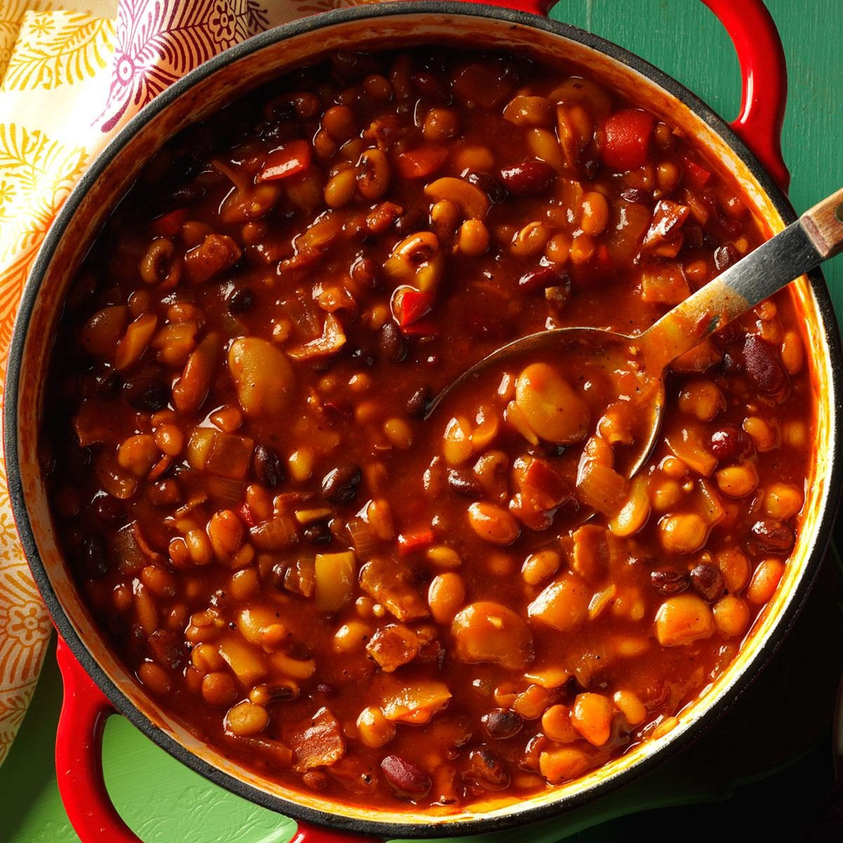 Baked Beans, a pot of baked beans with visible beans and sauce.