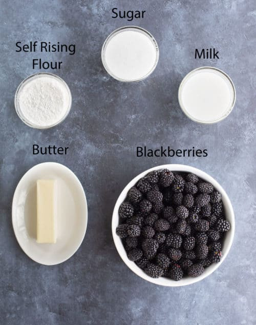 Overhead shot of the simple ingredients for Pioneer Woman Blackberry Cobbler.