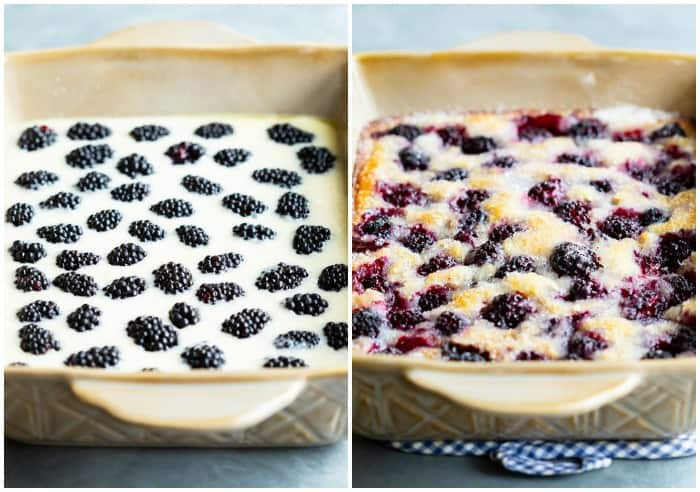 Image showing unbaked peach cobbler in a baking dish next to baked cobbler.