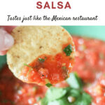 Close-up of vibrant red Pioneer Woman Restaurant Salsa in a clear glass bowl, garnished with fresh cilantro, with tortilla chips scattered around the bowl.