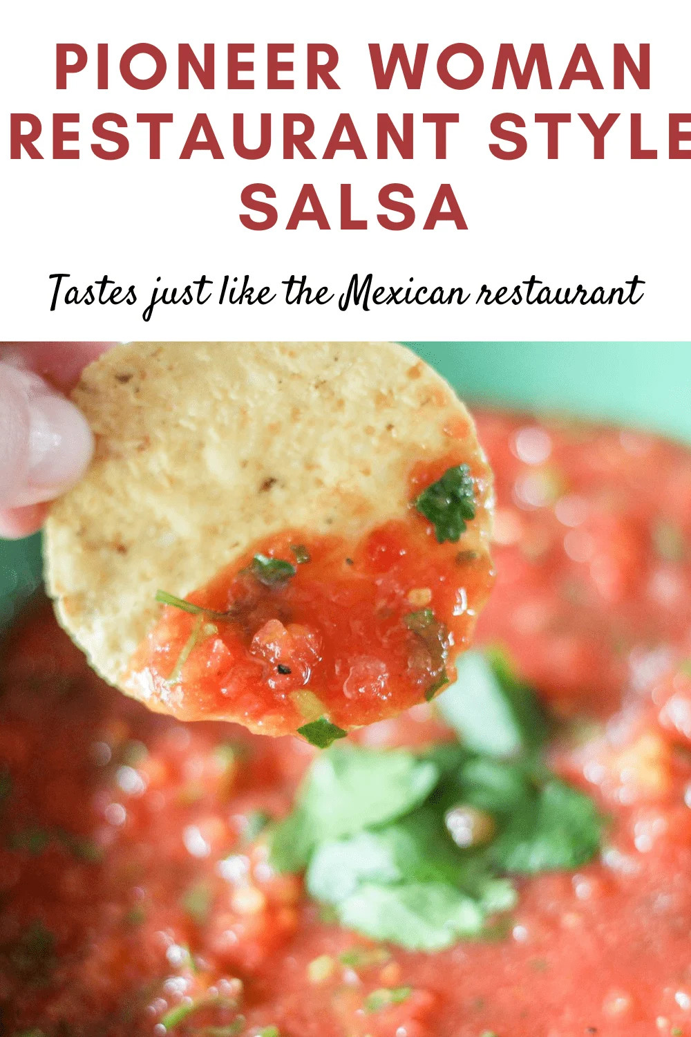 Close-up of vibrant red Pioneer Woman Restaurant Salsa in a clear glass bowl, garnished with fresh cilantro, with tortilla chips scattered around the bowl.