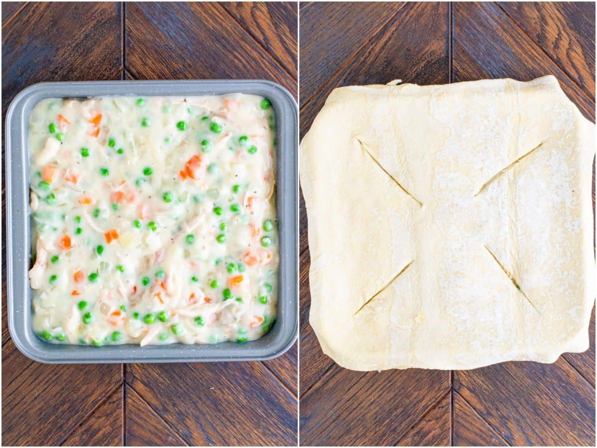 collage of two photos: pot pie filling added to baking pan; puff pastry placed over top of pan with slits cut in top.