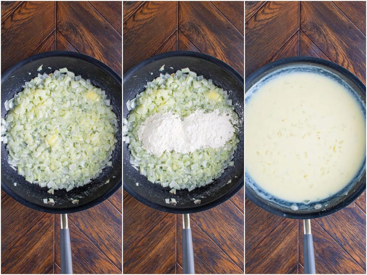 collage of three photos: butter, onion and garlic in sauté pan; flour added to the onion mixture in pan; flour and chicken broth whisked into the onion and flour mixture.