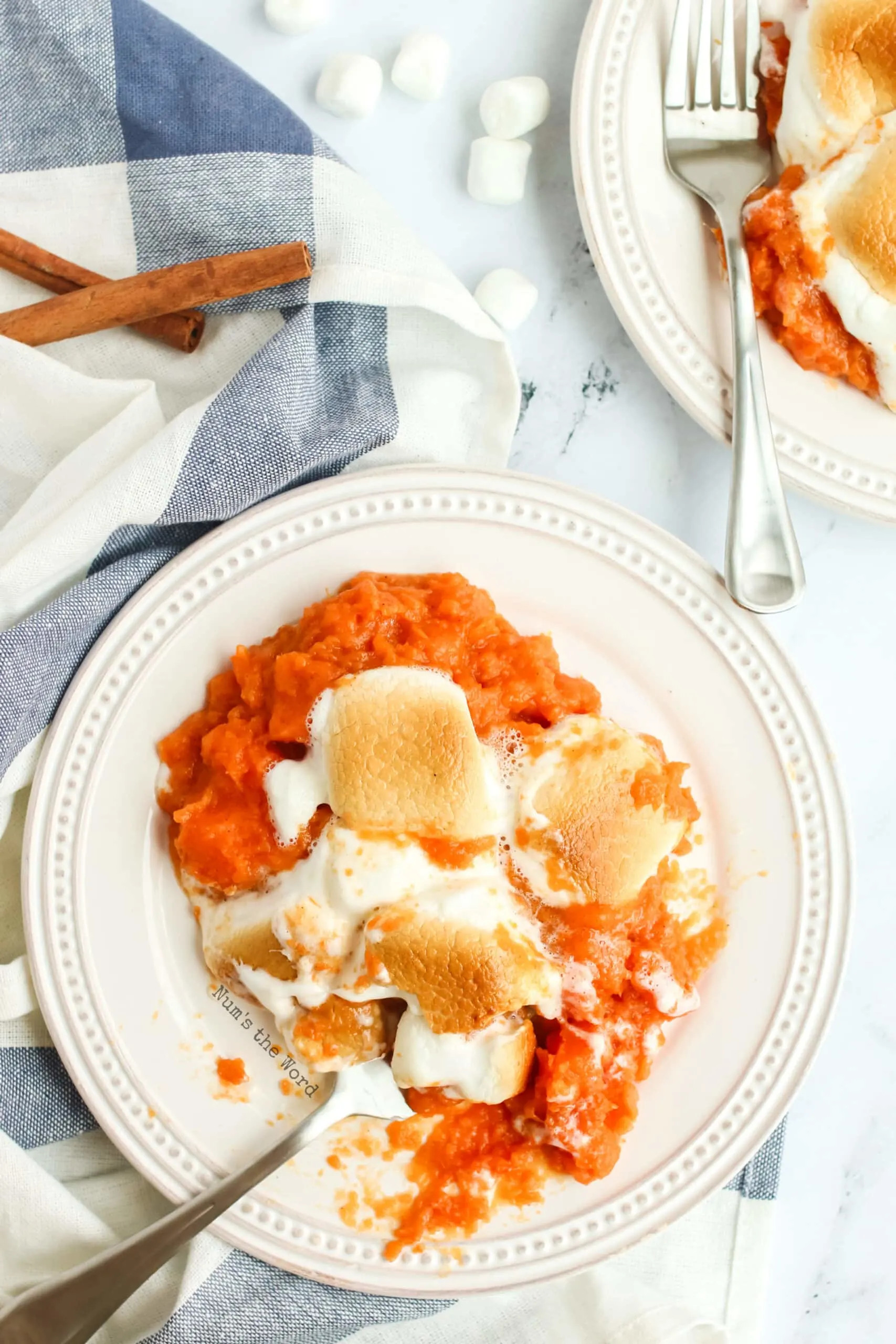 Pioneer Woman Sweet Potato Casserole with Marshmallows plated and ready to eat, showcasing the creamy texture and toasted marshmallow topping