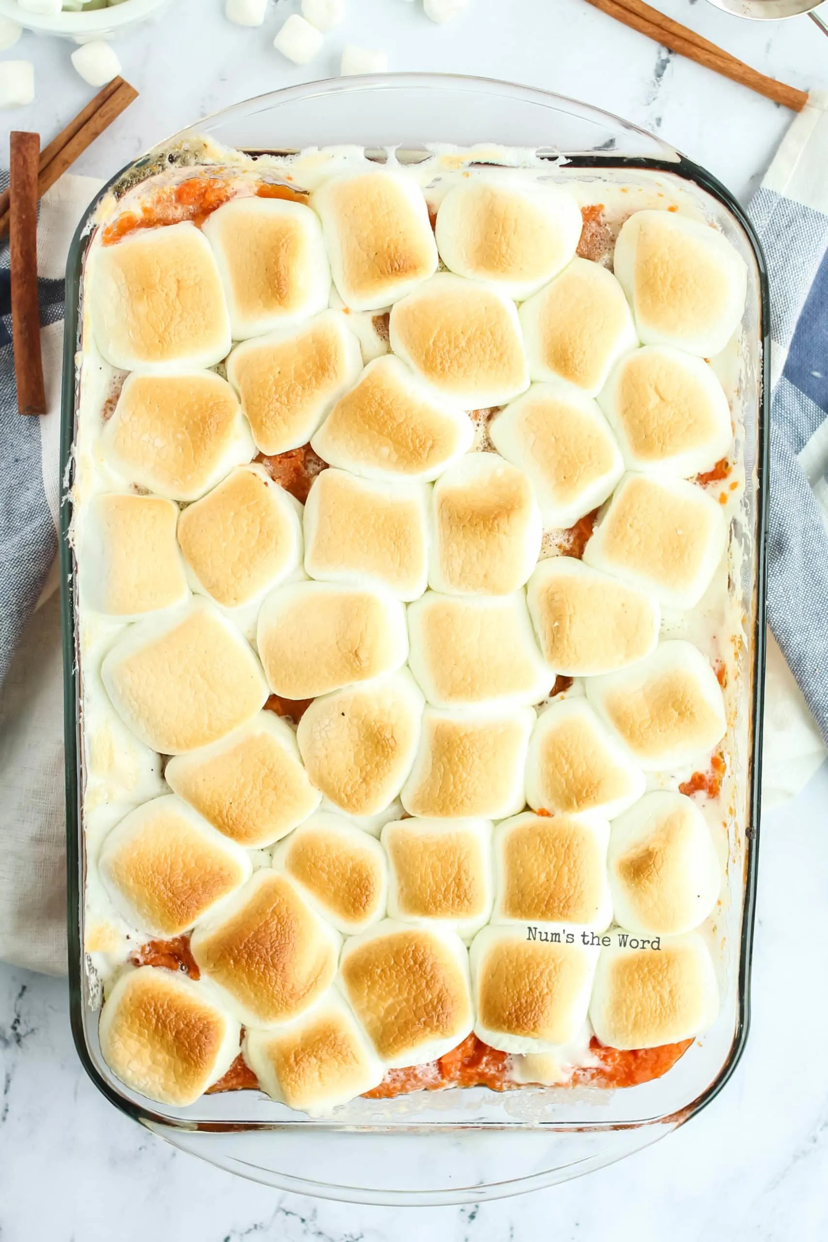 Baked Pioneer Woman Sweet Potato Casserole with golden toasted marshmallows, ready to be served