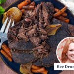 top view of a plate with pot roast with carrots