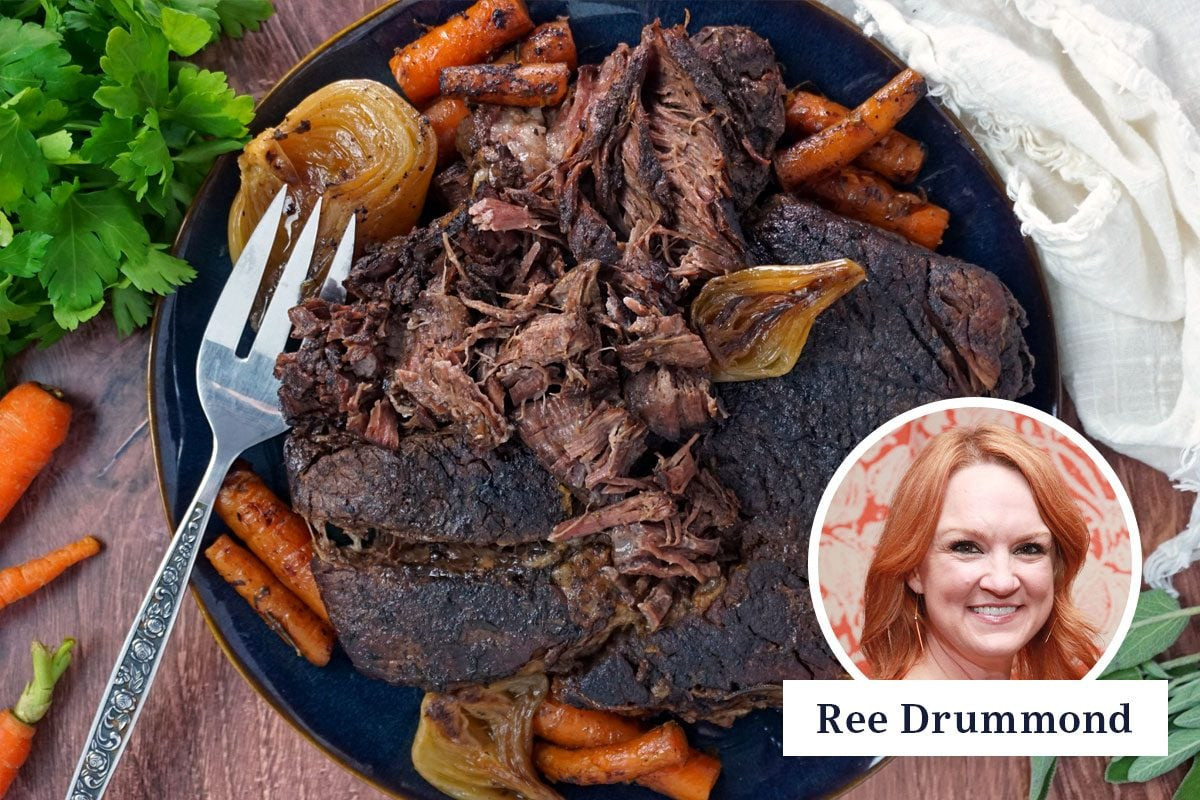 top view of a plate with pot roast with carrots