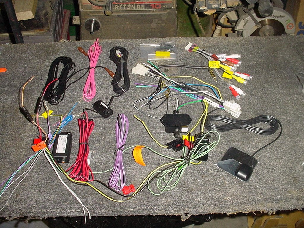 Bundle of wires for the Pioneer AVIC-D1, illustrating the complexity of car stereo wiring