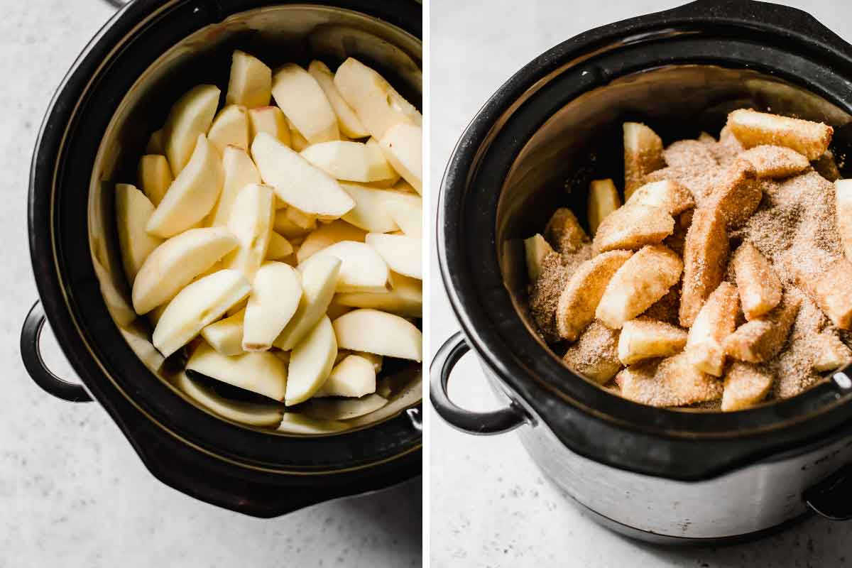Image of sliced apples in a slow cooker, coated with a sugar and spice mixture.