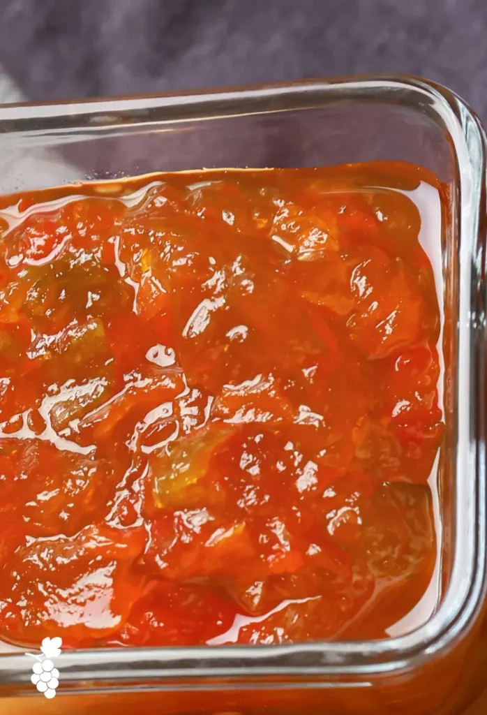 A jar of homemade jalapeno jelly with a spoon dipping into it, highlighting the jelly's thick consistency and appealing texture.