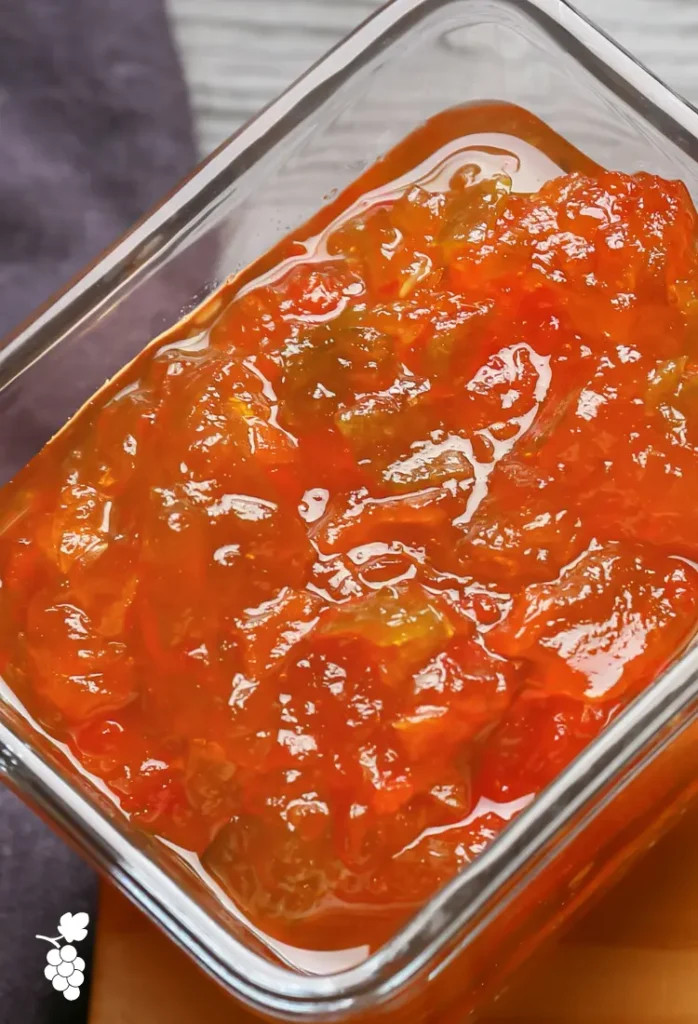 A close-up of a slice of bread topped with cream cheese and a generous spoonful of homemade jalapeno jelly, showcasing a delicious appetizer idea.