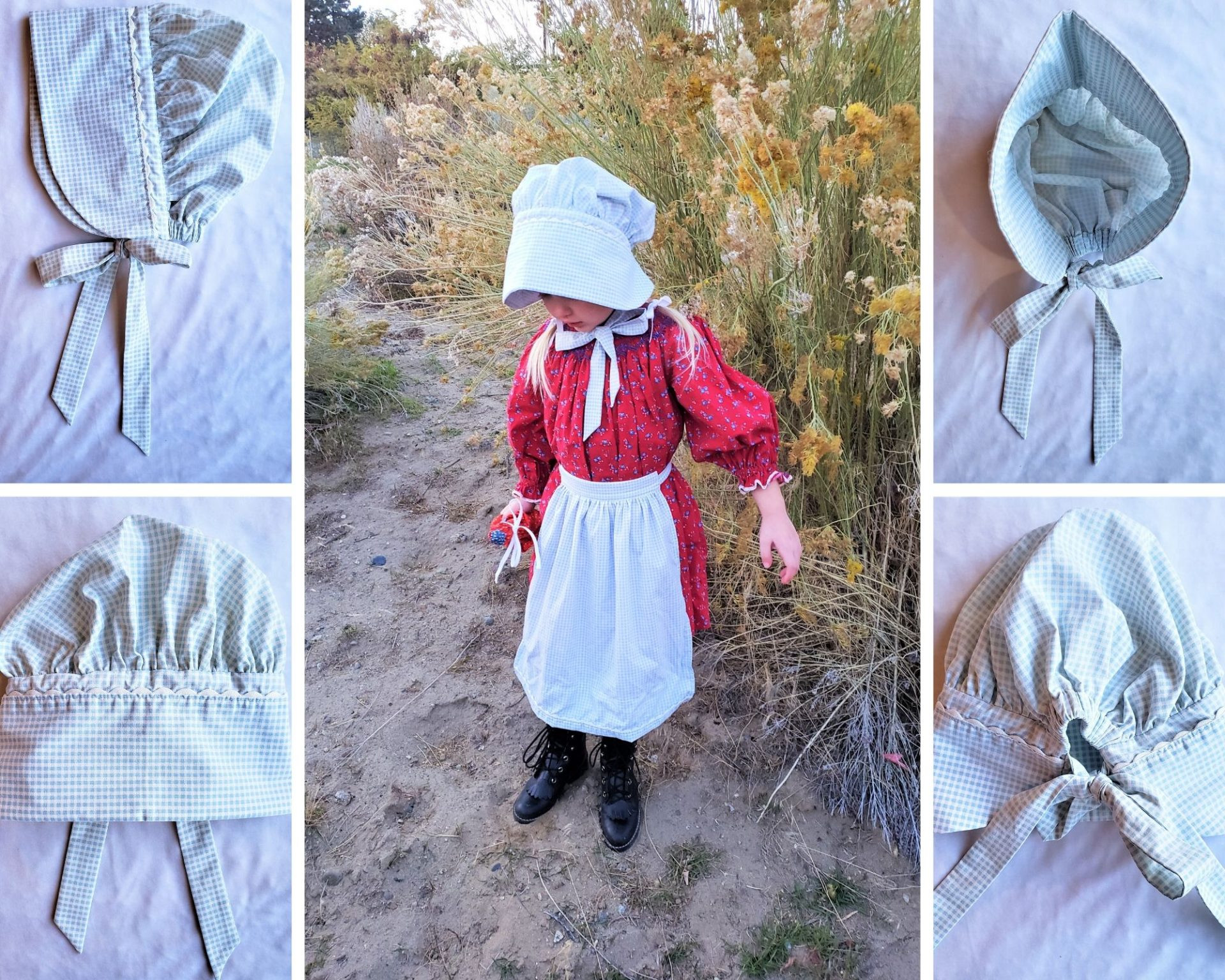 Eliza wearing a finished DIY plaid pioneer bonnet