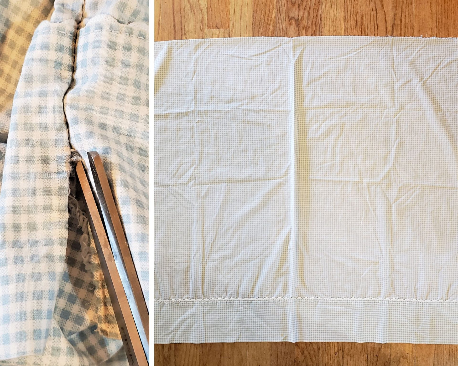 Pillowcase opened and laid flat for cutting fabric pieces