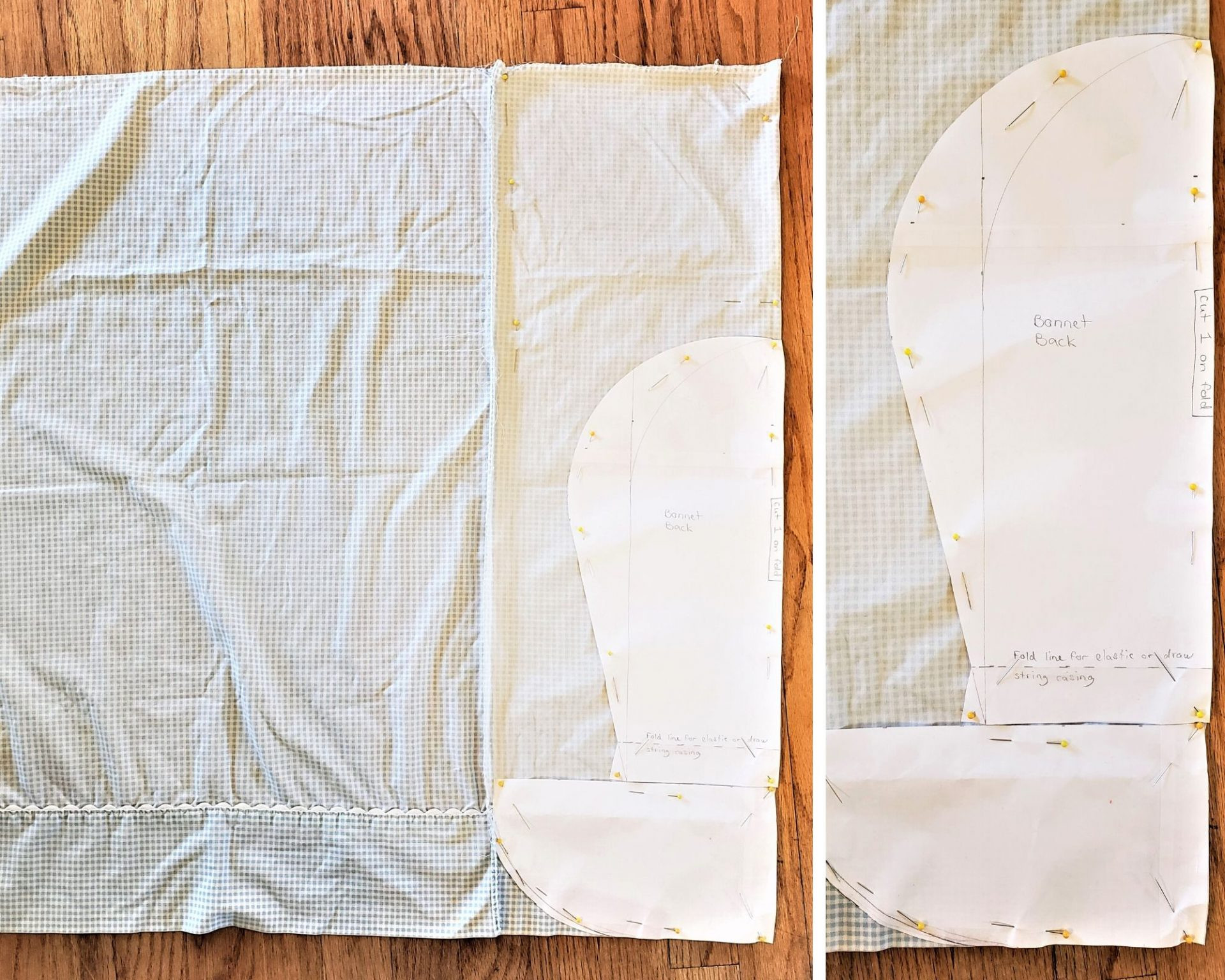 Layout of pattern pieces on the pillowcase fabric, utilizing the finished edge for the brim