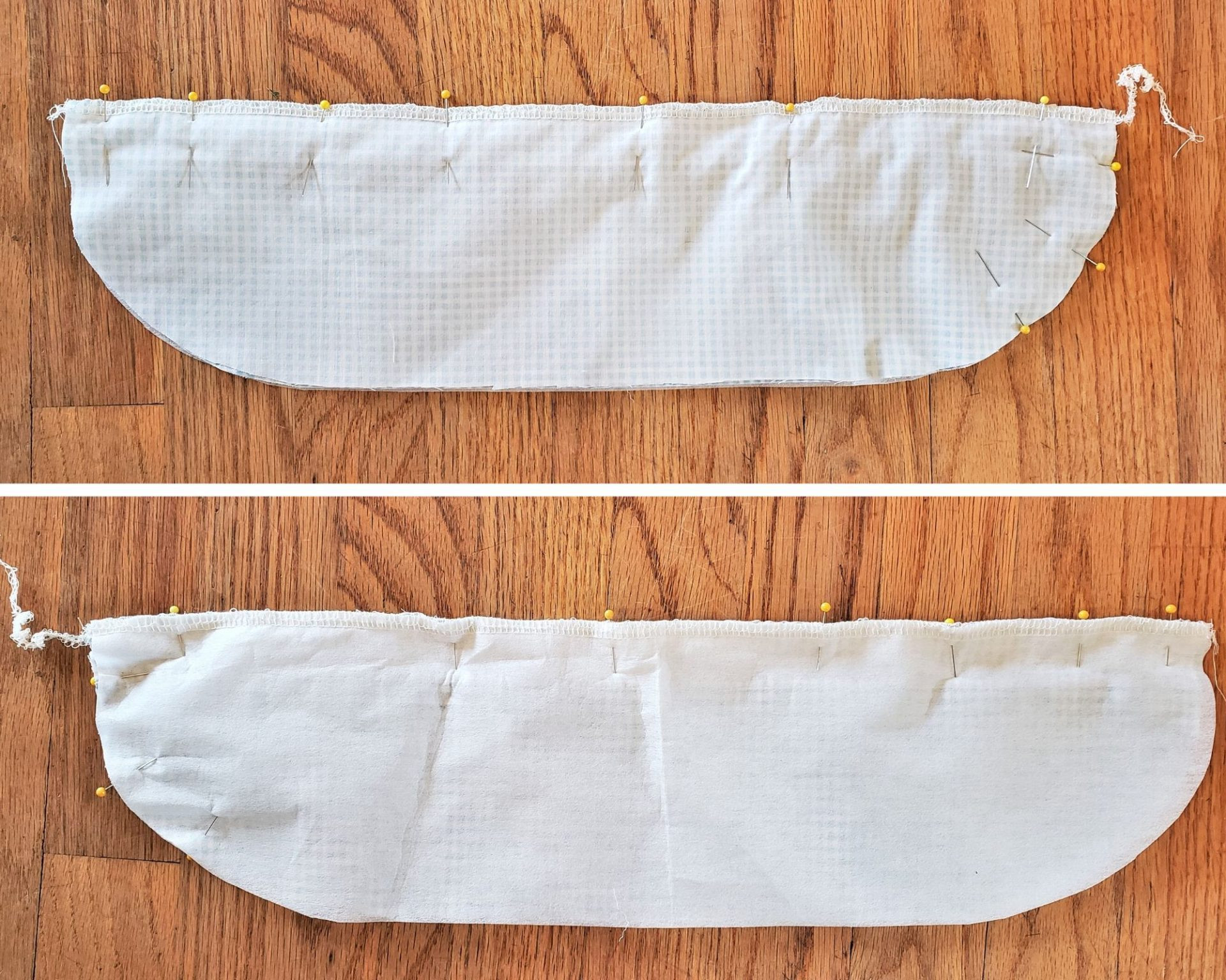 Back view of serged bonnet brim pieces before tie attachment