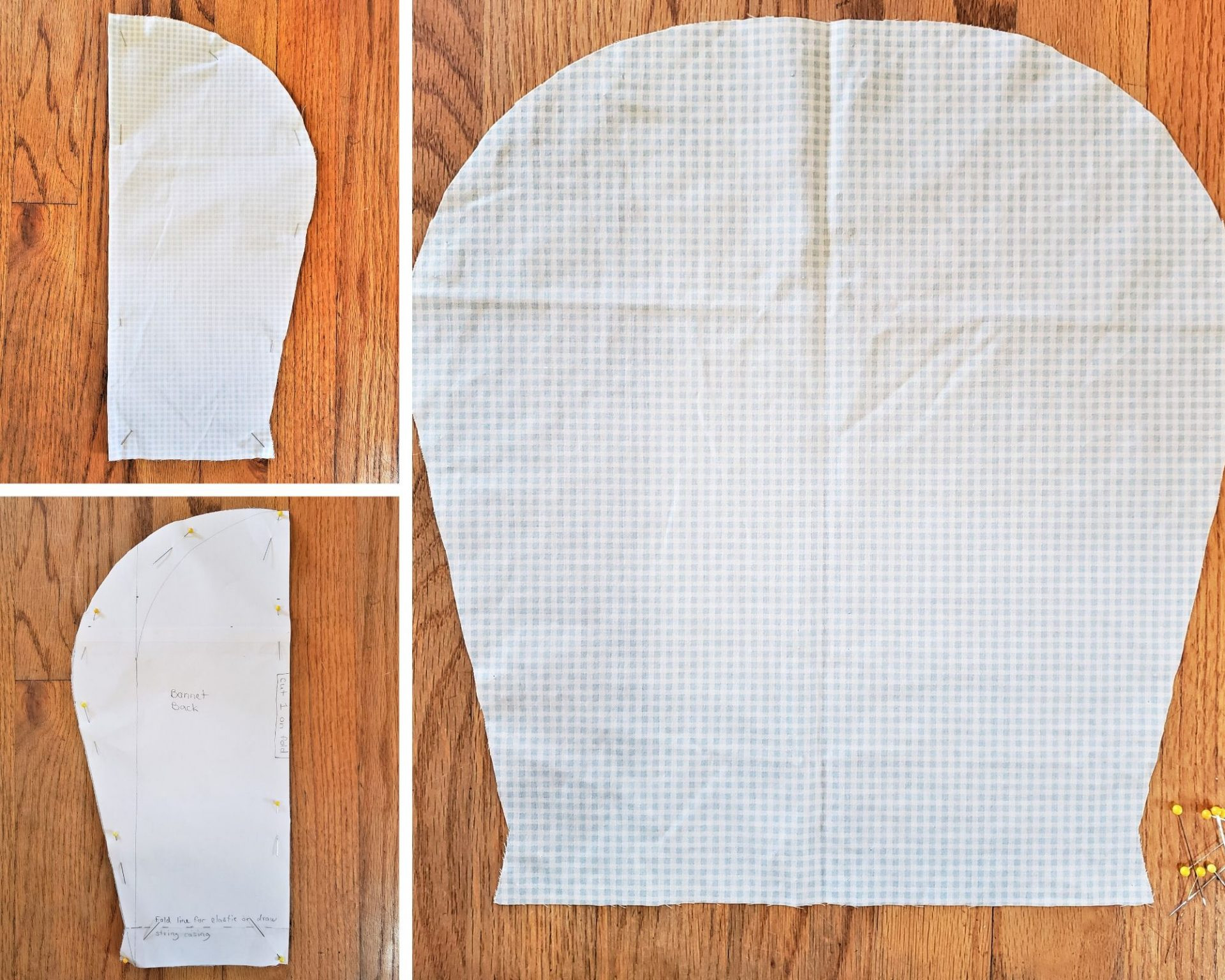 Attaching bonnet ties to the brim and sewing brim lining and main piece together