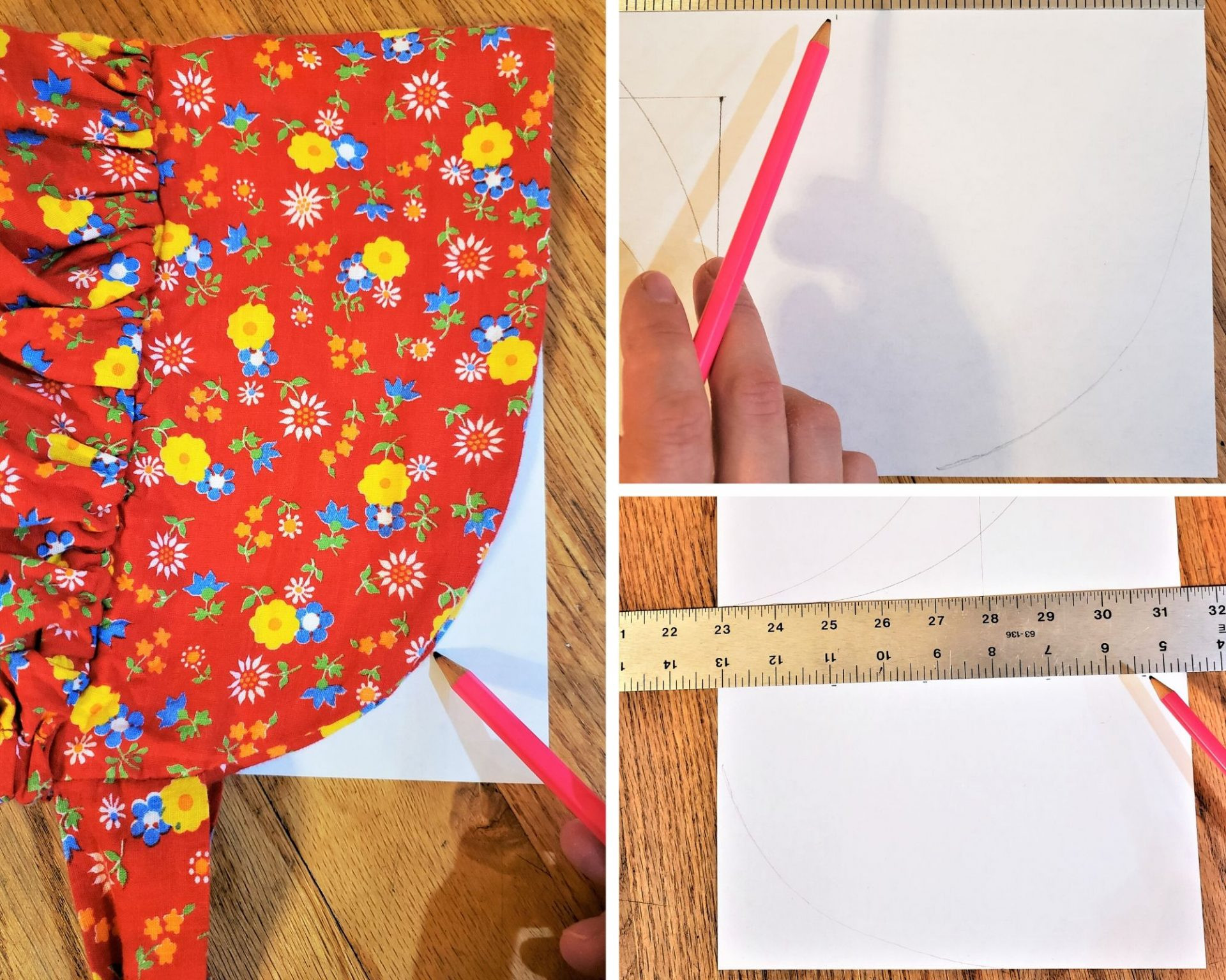 Tracing the brim curve of a vintage bonnet to create a pattern piece