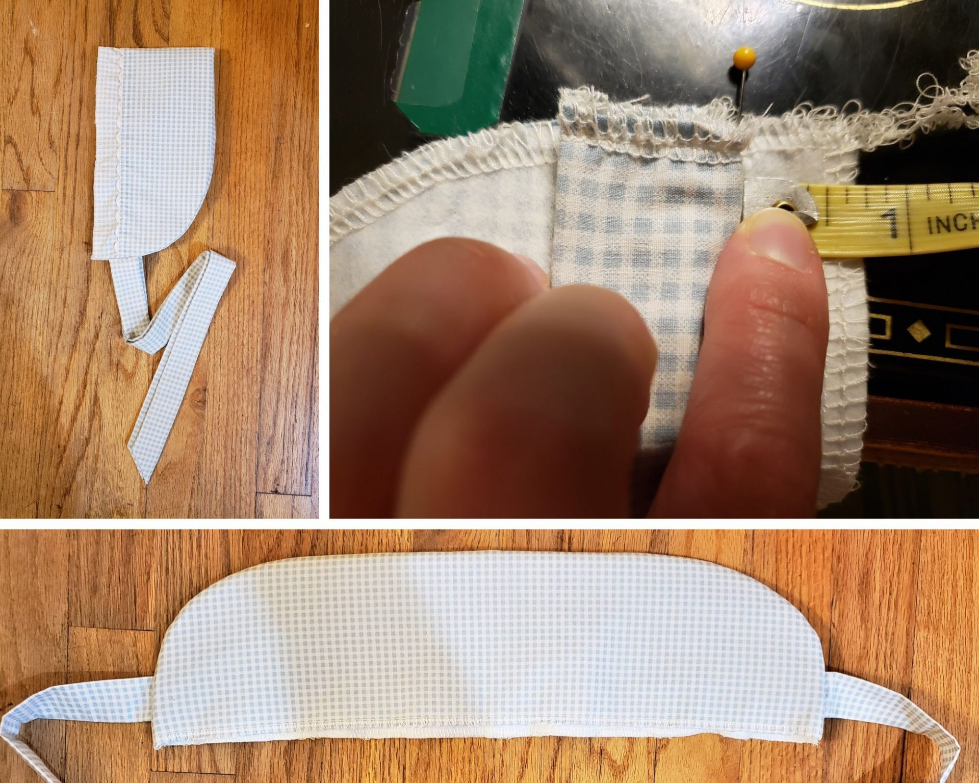Bonnet ties being turned right side out using a fabric turning tool