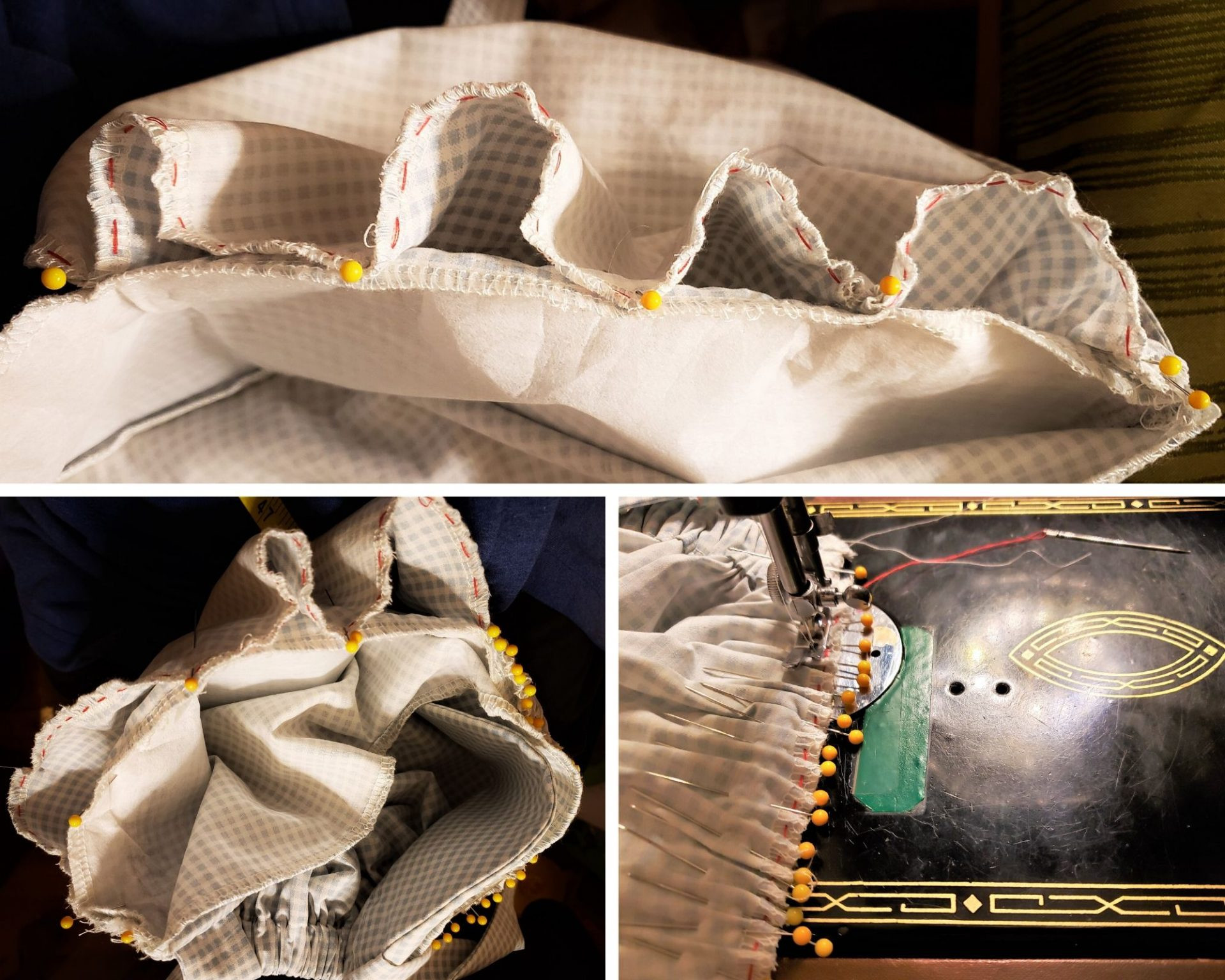 Gathering stitches along the curved edge of the bonnet crown