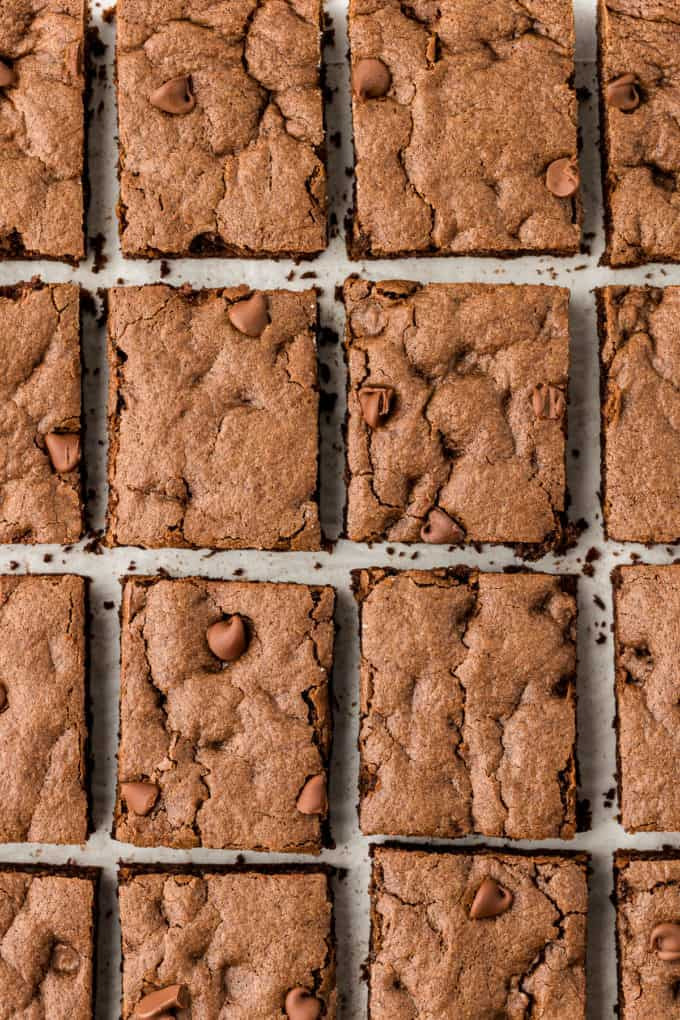 Rows of rich chocolate cake mix bars, showcasing the fudgy texture.