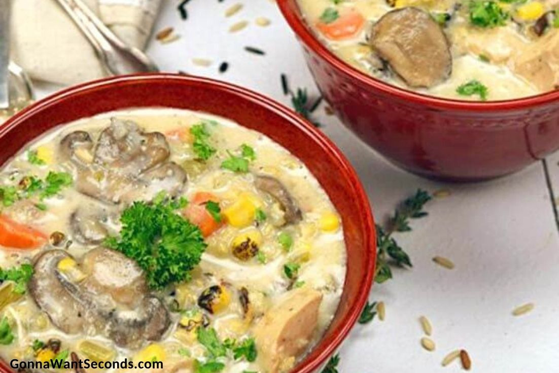 Two bowls of Creamy chicken and wild rice soup