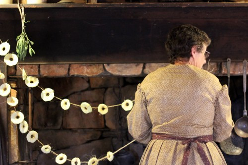 Apples drying over a hearth, showcasing a traditional food preservation technique in a pioneer setting