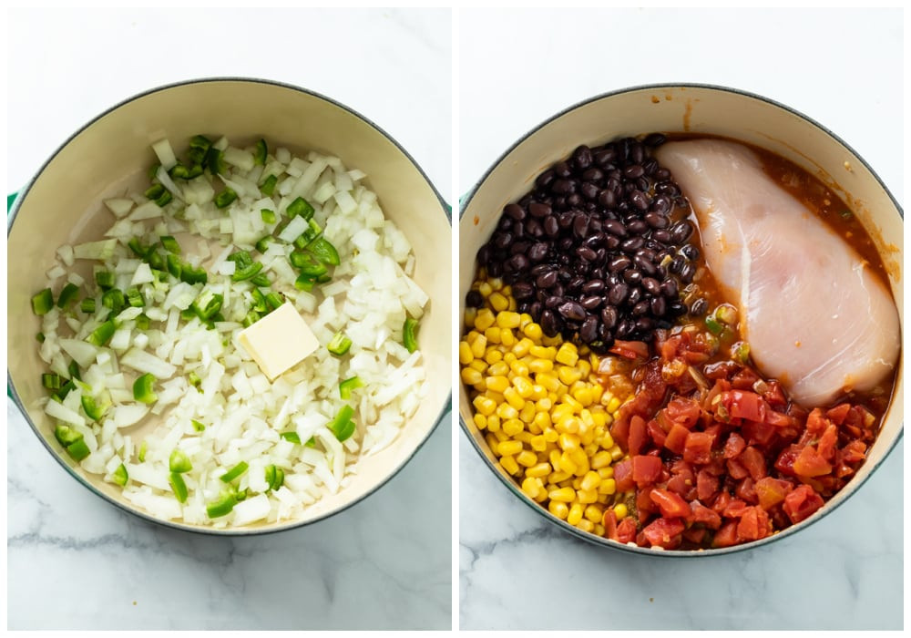 A soup pot with with ingredients being added to make chicken enchilada soup.