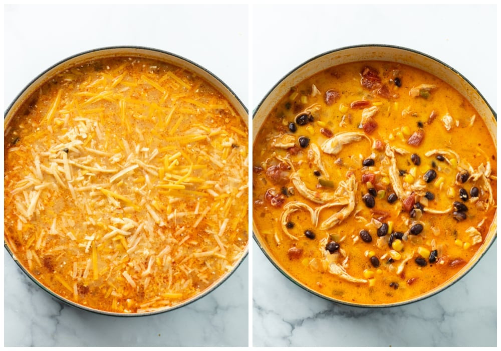 Adding cheese and combining with broth to make chicken enchilada soup.