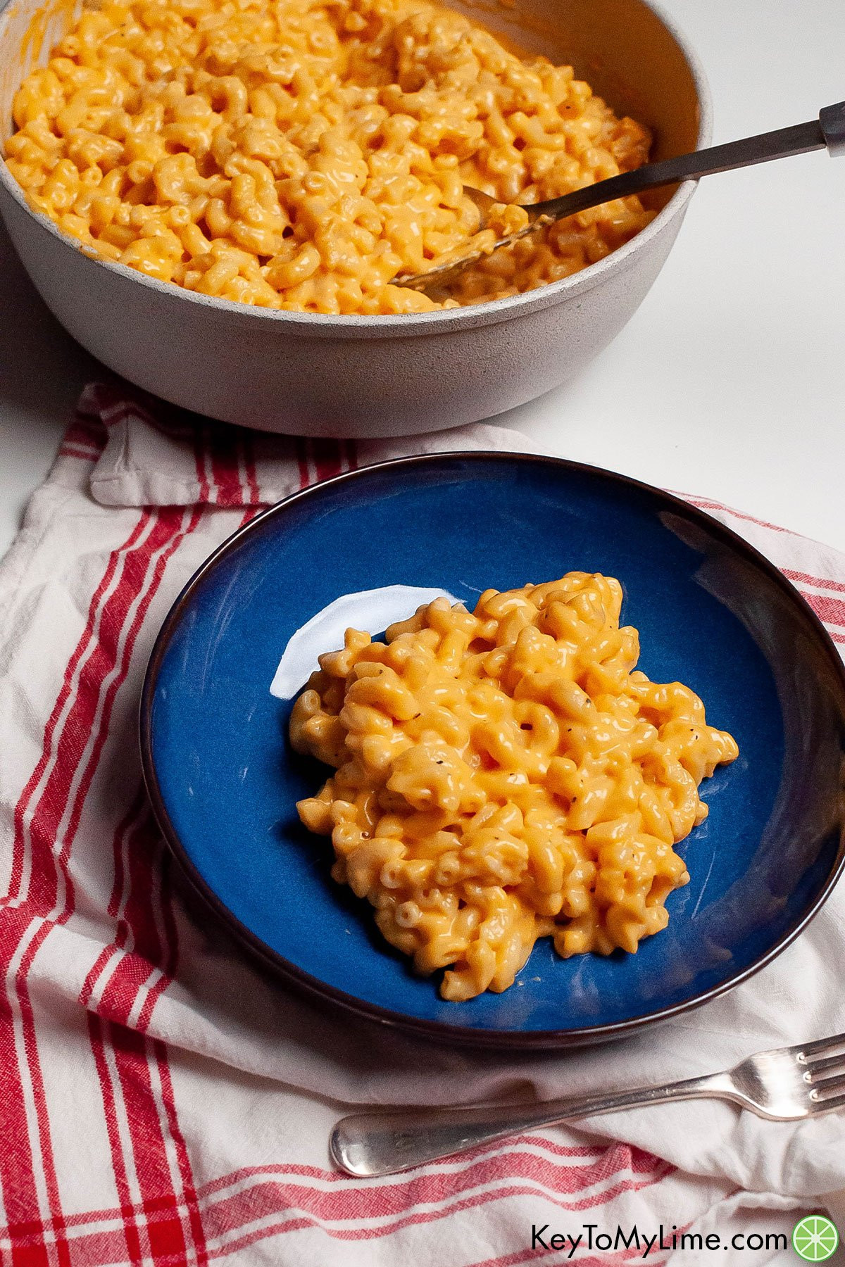 Mac and cheese plated next to a pot full of cooked macaroni.