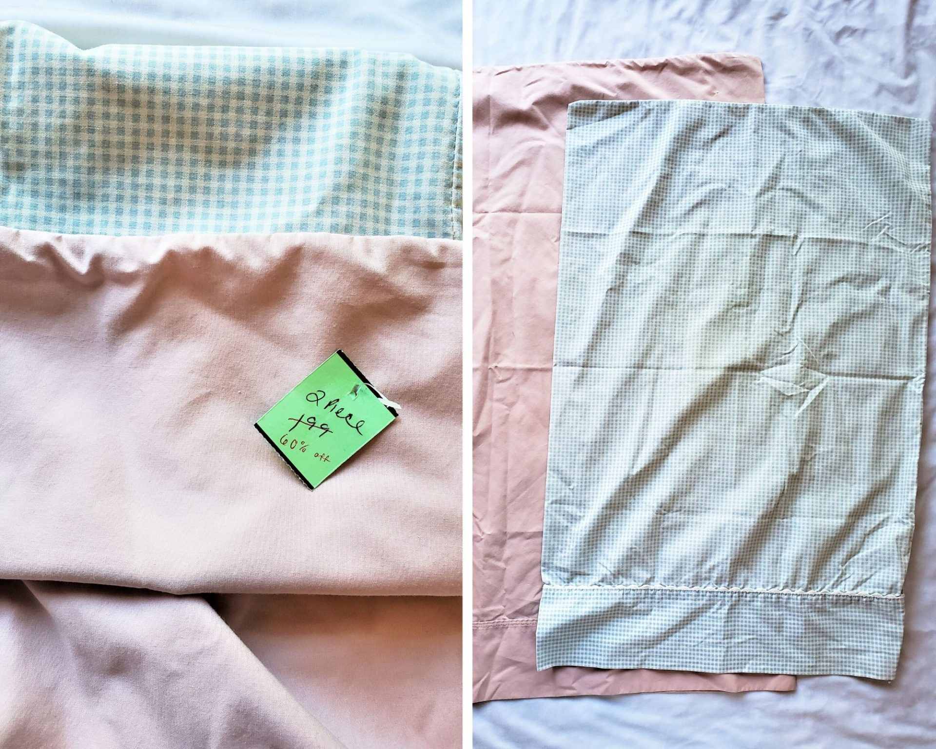 Collage of materials needed to make a pioneer bonnet, including pillowcase, scissors, and sewing tools