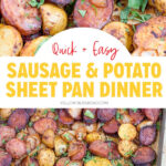 Sheet pan sausage and potatoes ready to be served, showcasing golden brown potatoes and caramelized sausage