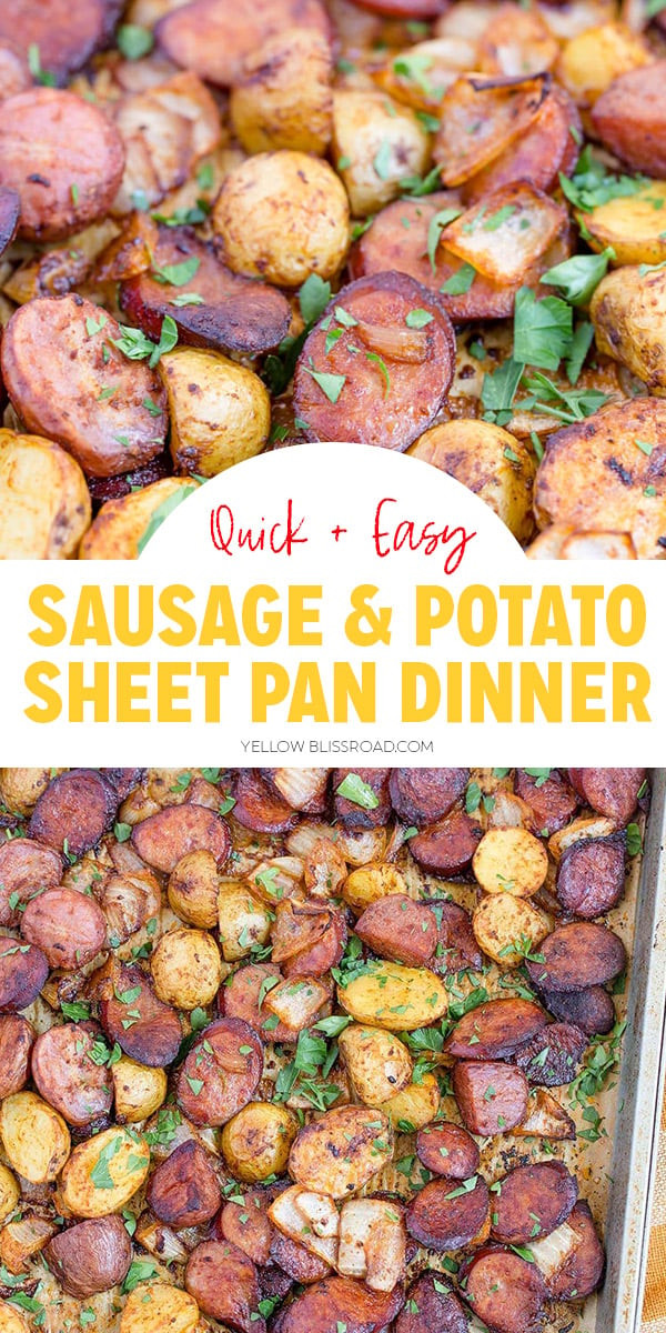 Sheet pan sausage and potatoes ready to be served, showcasing golden brown potatoes and caramelized sausage