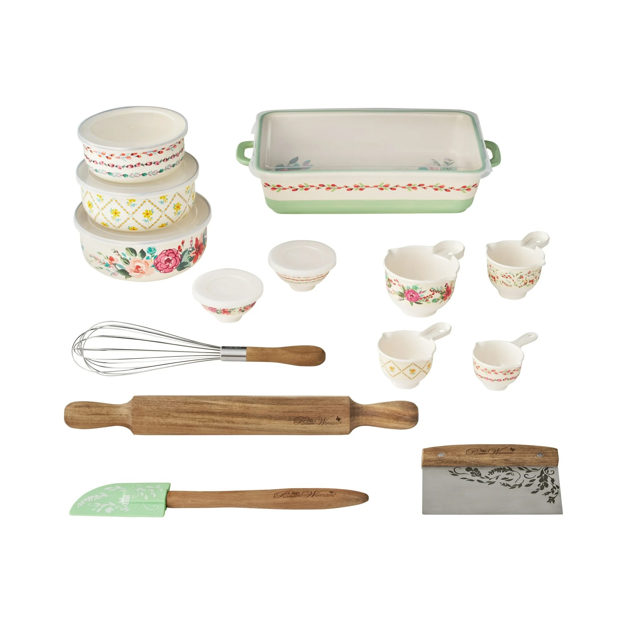The Pioneer Woman Painted Meadow 20-Piece Bake and Prep Set showcasing floral design and various bakeware items.