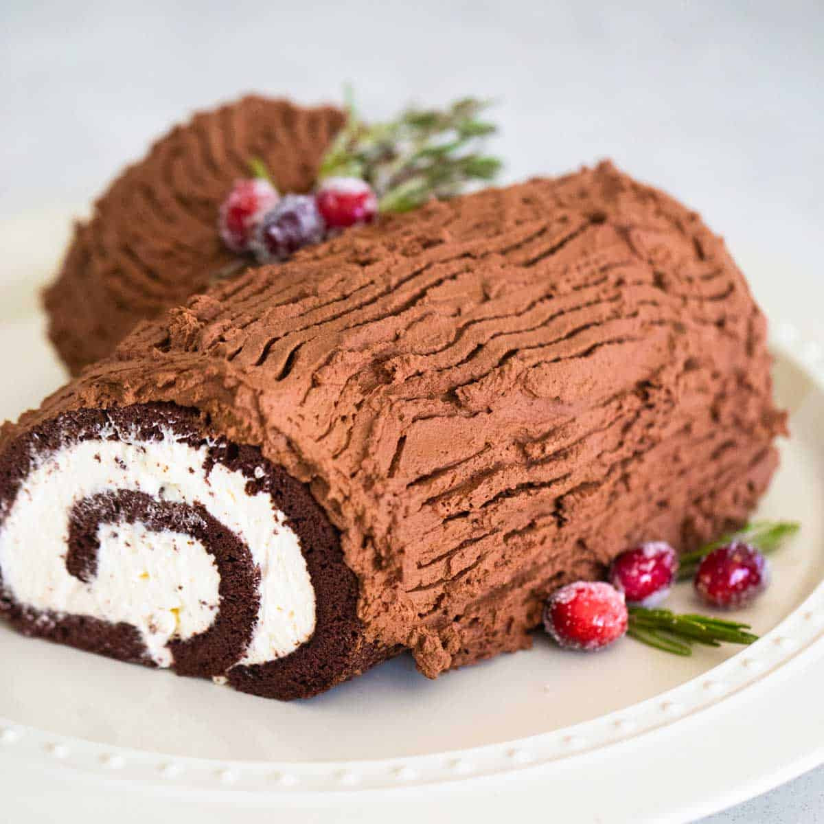 Festive Pioneer Woman Yule Log Cake: A delicious chocolate and cream Christmas dessert roll decorated with sugared cranberries, perfect for holiday baking.