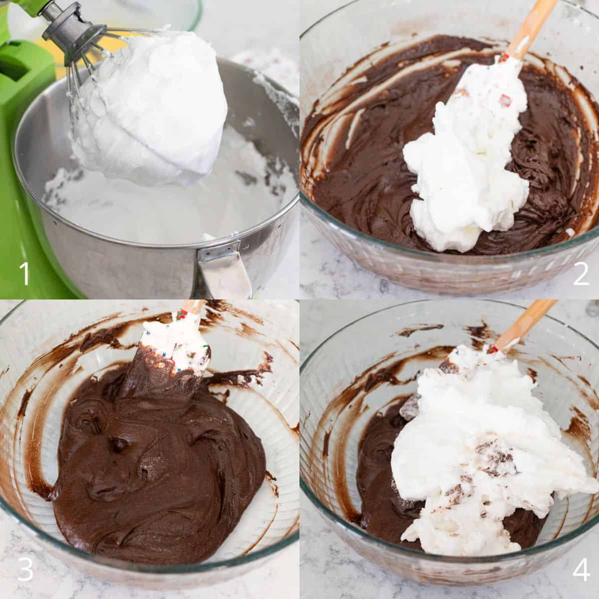 Step-by-step photos showing how to whip egg whites to stiff peaks and gently fold them into the chocolate cake batter for a Yule Log cake.