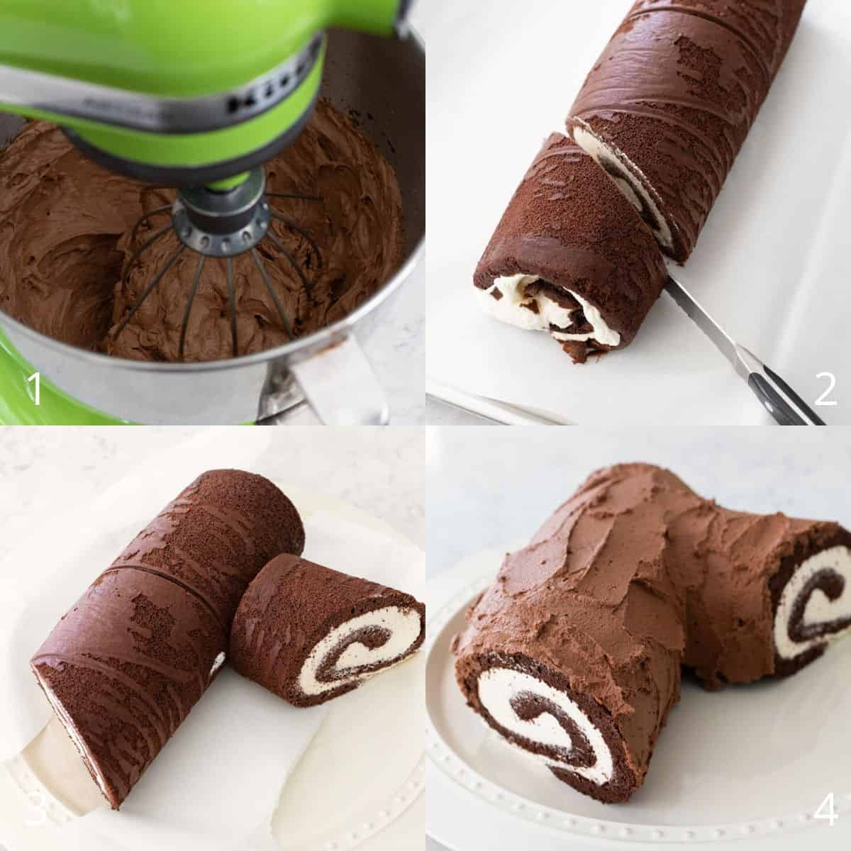 Step-by-step photos showing how to make chocolate ganache frosting and assemble the Yule Log cake on a platter.